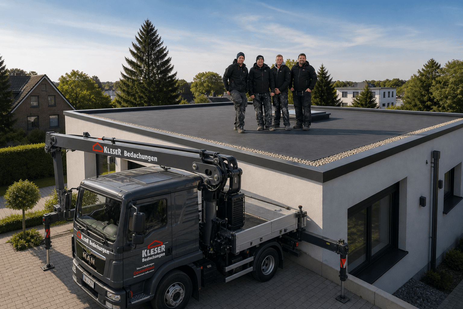 Team von Kleser Bedachungen auf einem Flachdach